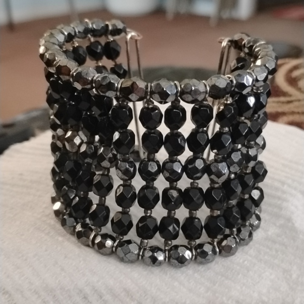 Black Faceted Bead Cuff Bracelet - Women's Jewelry